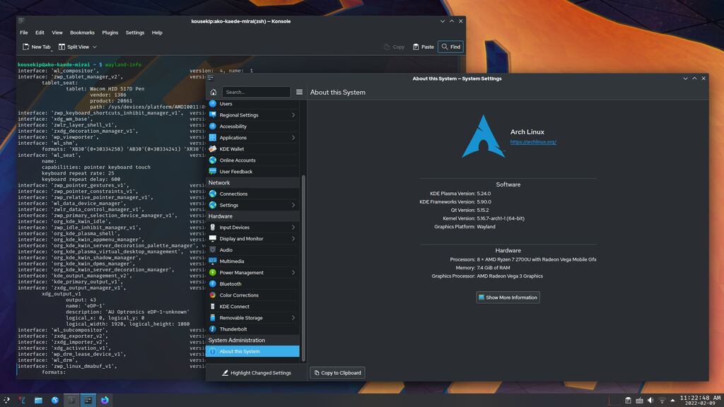 Screenshot des KDE Plasma Desktops auf Arch Linux unter Wayland