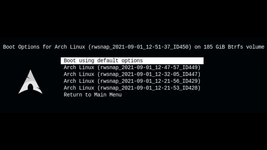 rEFInd-Bootmenü mit Auswahl von Btrfs-Snapshots zur Wiederherstellung
