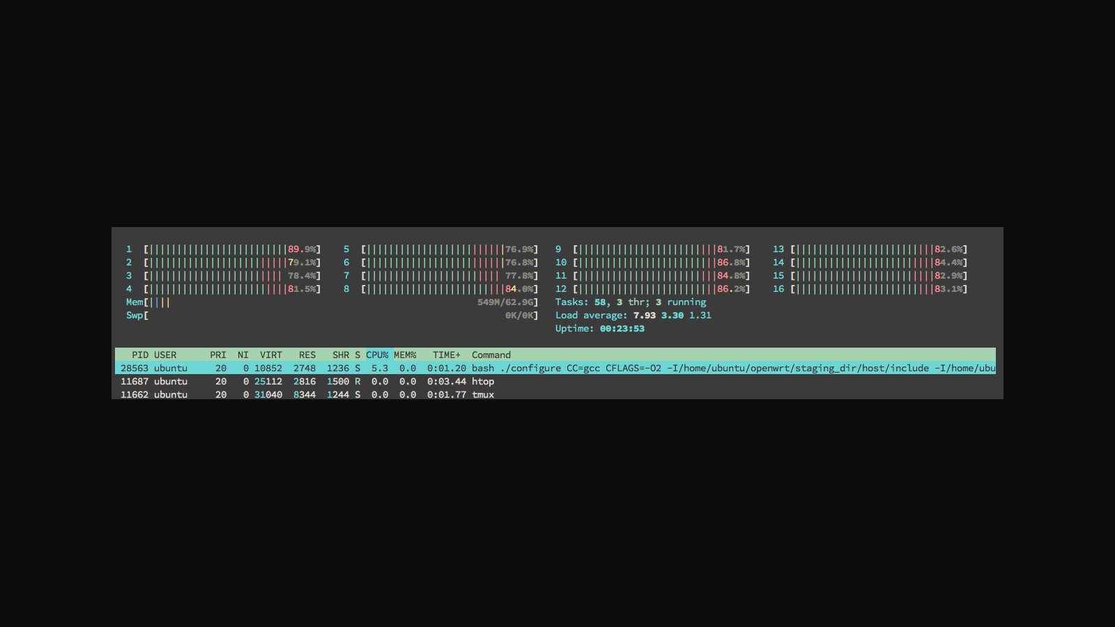 htop Screenshot mit Prozessliste und Systemlast
