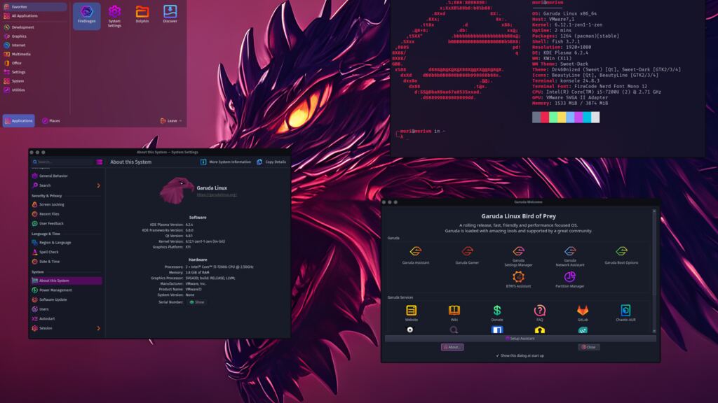 Garuda Linux Dr460nized Edition mit aufwendig aufgepimptem KDE-Plasma-Desktop und Glassmorphismus