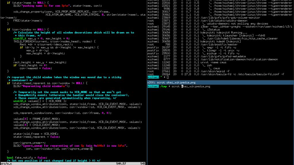 i3 Tiling Window Manager mit mehreren Workspaces und Terminal-Fenstern