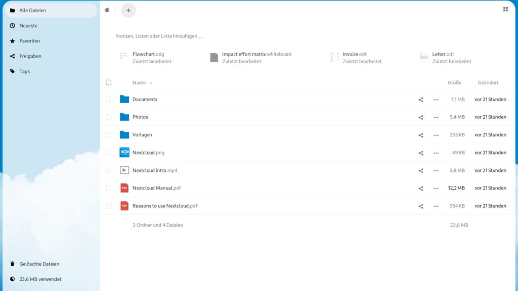 Nextcloud Dateimanager im Browser mit Dateien und Ordnern in Listenansicht