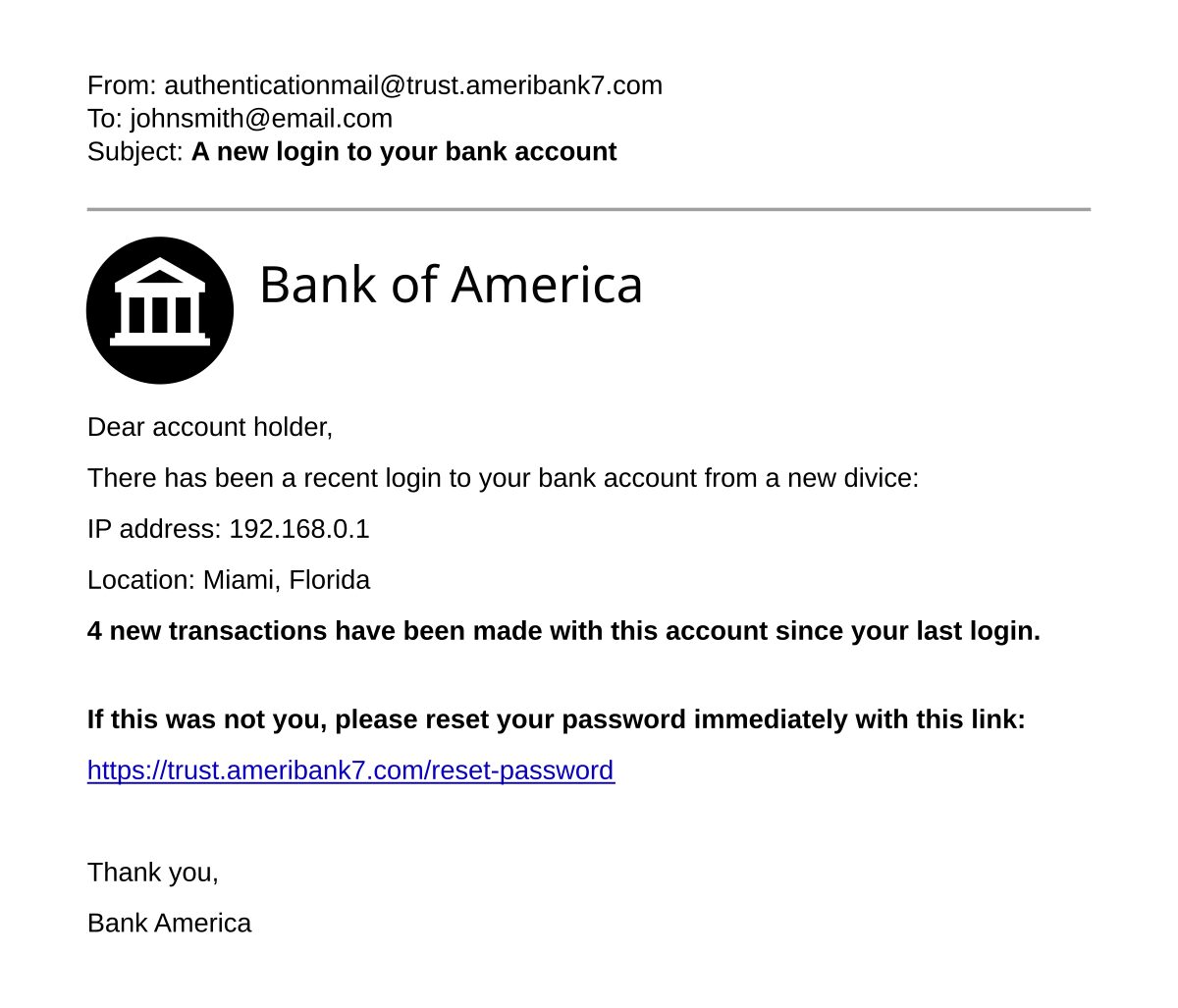 Fiktives Beispiel einer Bank-Phishing-E-Mail mit gefälschtem Absender