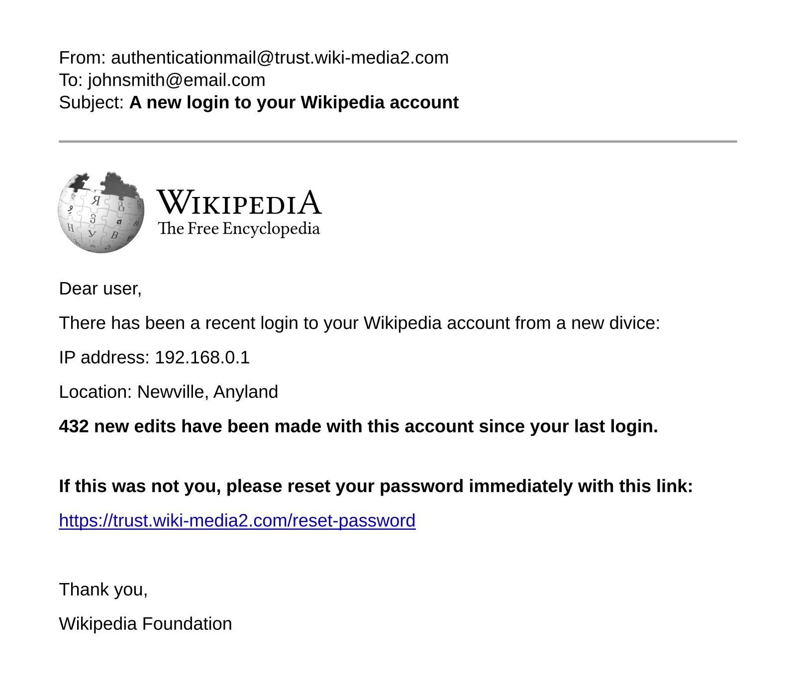 Fiktives Beispiel einer Phishing-E-Mail mit markierten Erkennungsmerkmalen
