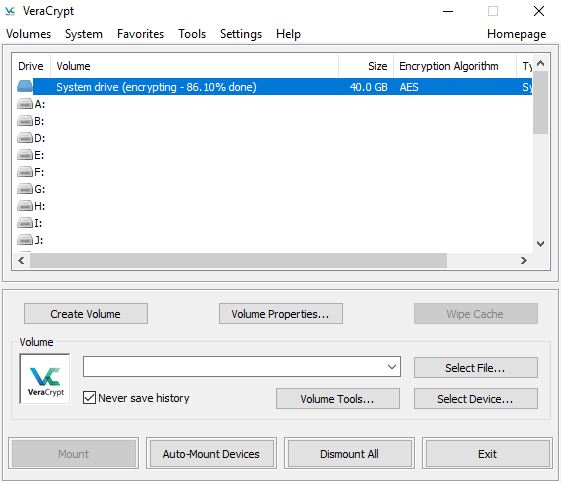 VeraCrypt Fortschrittsanzeige bei der Festplattenverschlüsselung